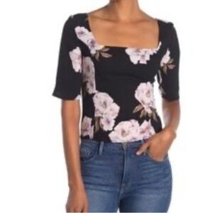 Free‎ Press Black 3/4 sleeve square neck Floral Top SMALL